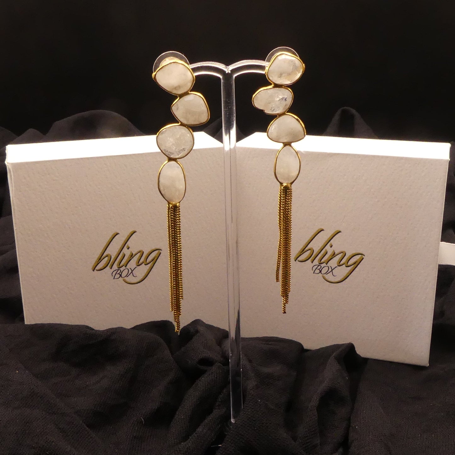 Geniqui Moonstone Earrings by ACUS - Premium Earrings at Bling Box - Just $75 Shop now at Bling Box ACUS, Earrings, Statement