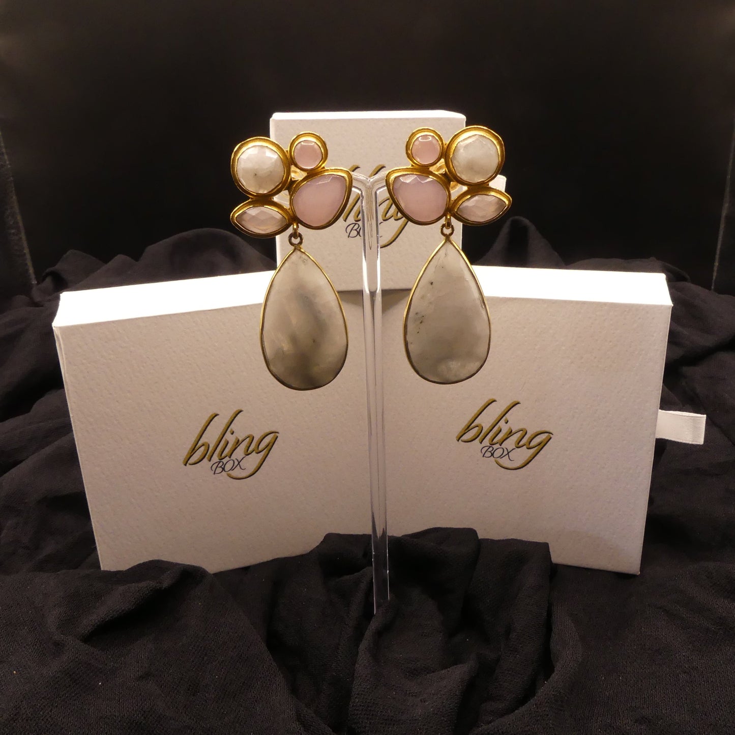 Pink Stick and Moonstone Earrings by ACUS - Premium Earrings at Bling Box - Just $88 Shop now at Bling Box ACUS, Earrings, Statement