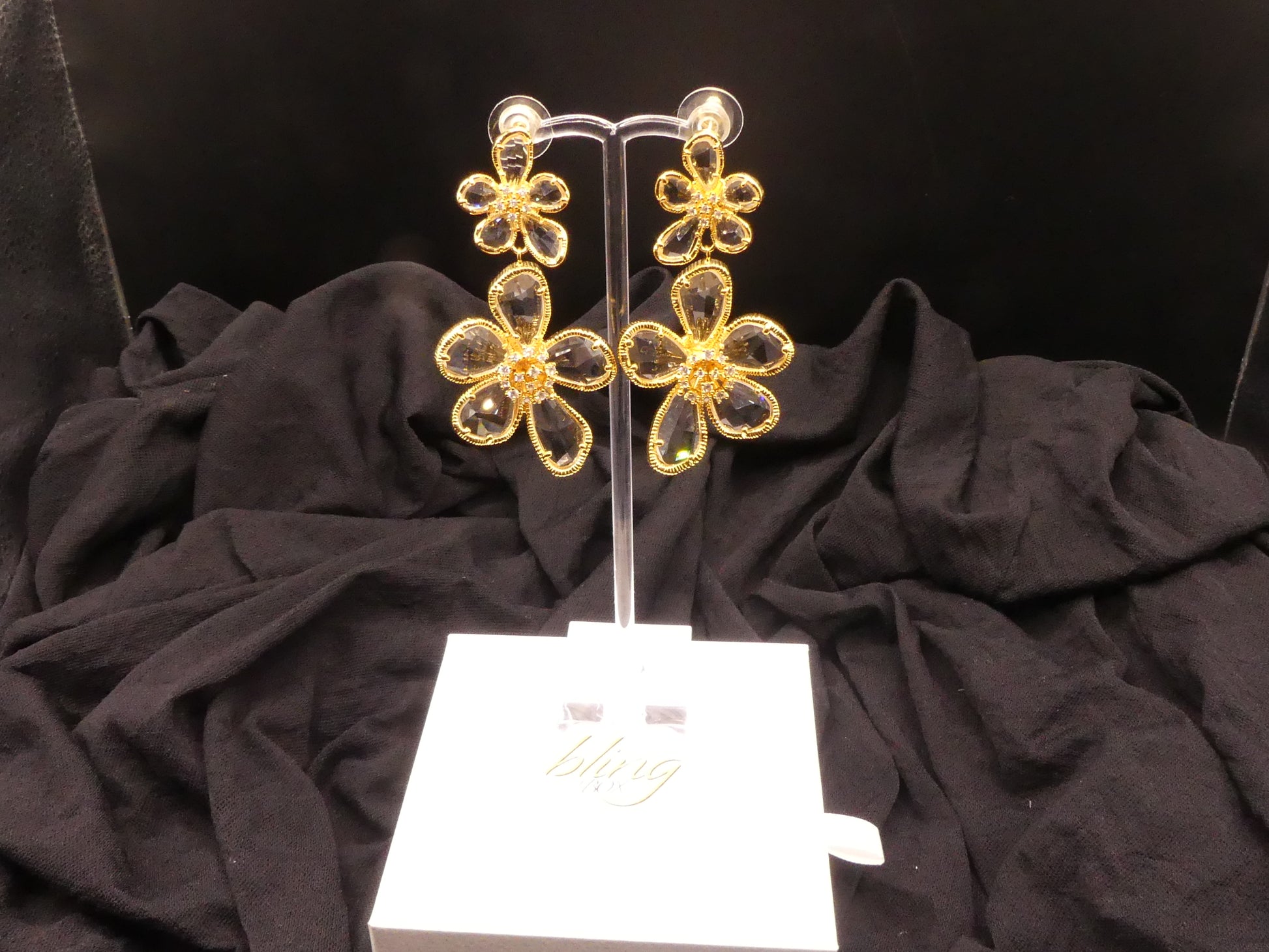 Minoo Double Flower Drop 18k Gold plated Earrings by Eye Candy Los Angeles - Premium Earrings at Bling Box - Just $142 Shop now at Bling Box Bling, Earrings, Eye Candy Los Angeles, Statement