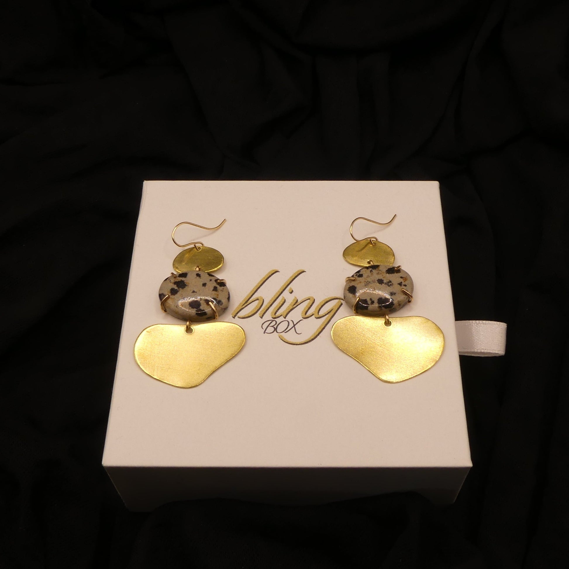 Dalmation Jasper Puddle 14k Gold filled earrings by Alana Douvros - Premium Earrings at Bling Box - Just $172 Shop now at Bling Box Alana Douvros, Earrings, Featured, Statement